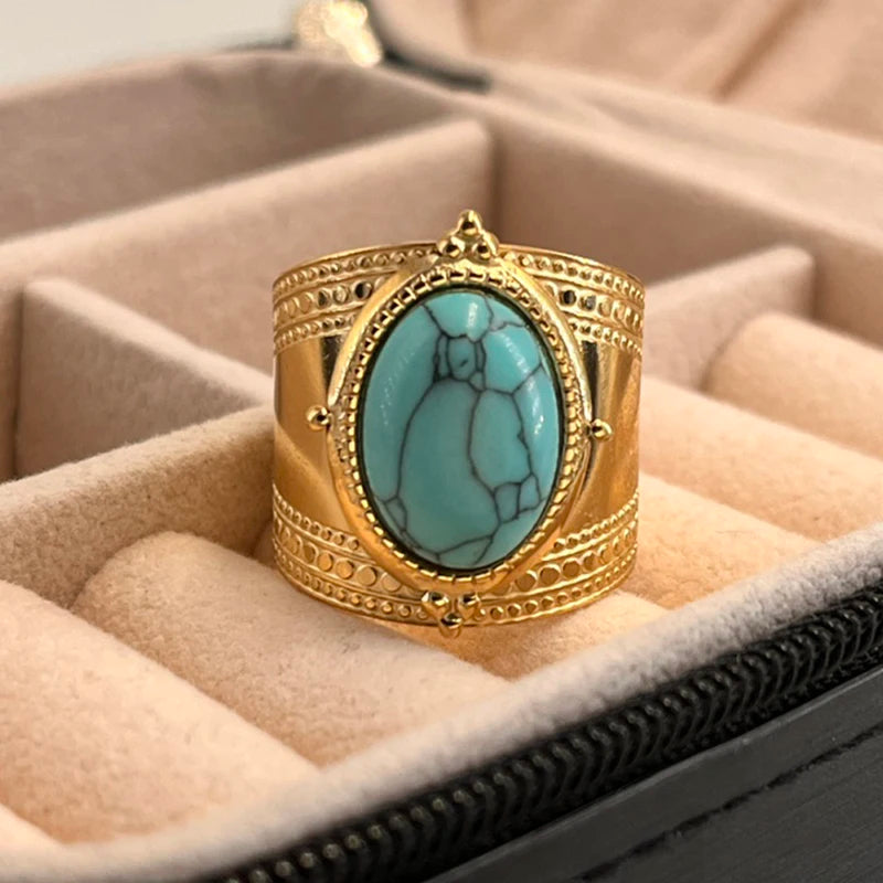 Bague ouverte large en pierre naturelle turquoise, acier inoxydable, plaqué or 14 carats