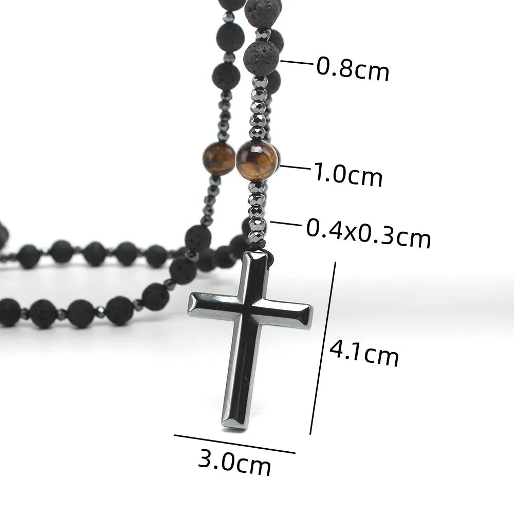 Collier chapelet en pierre de lave naturelle pour homme, pendentif croix en hématite d'oeil de tigre