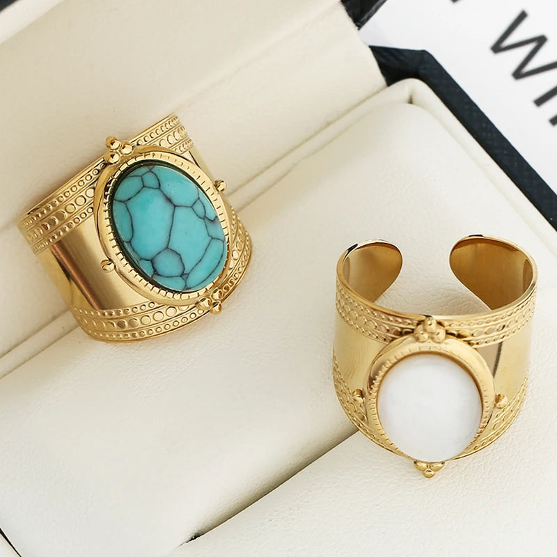 Bague ouverte large en pierre naturelle turquoise, acier inoxydable, plaqué or 14 carats