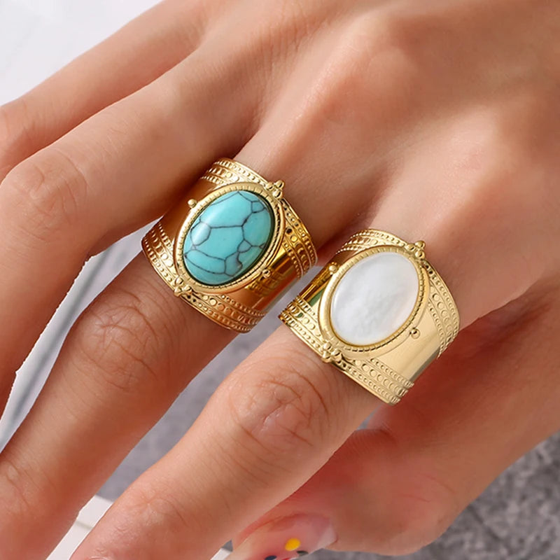 Bague ouverte large en pierre naturelle turquoise, acier inoxydable, plaqué or 14 carats