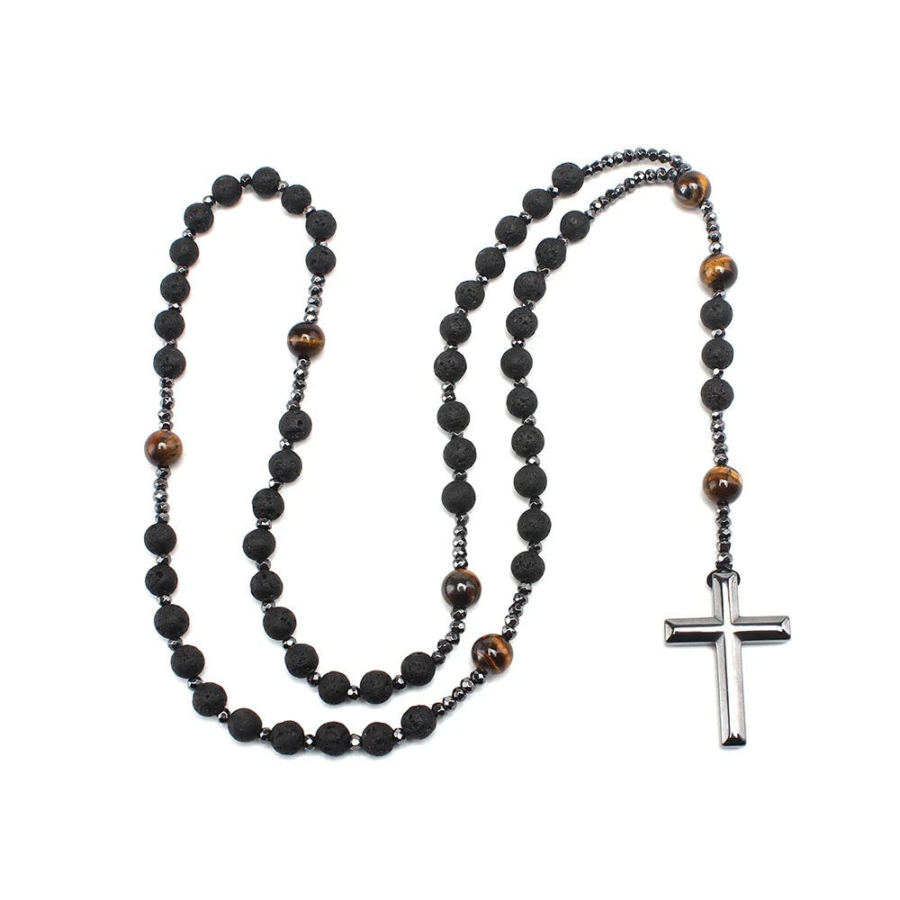 Collier chapelet en pierre de lave naturelle pour homme, pendentif croix en hématite d'oeil de tigre